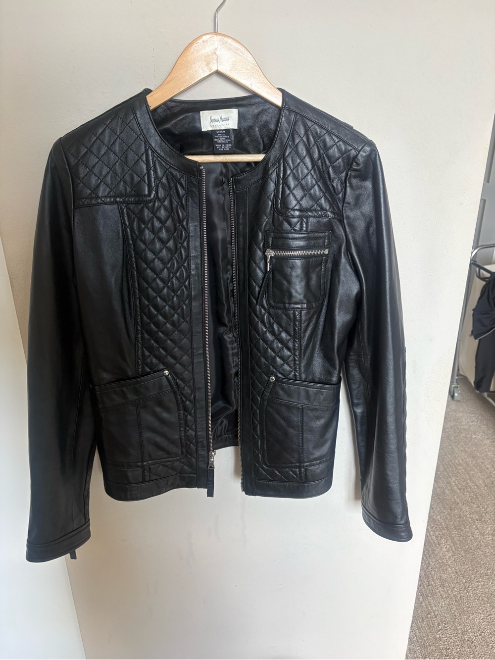 Neiman Marcus Black Quilted Leather Moto Jacket